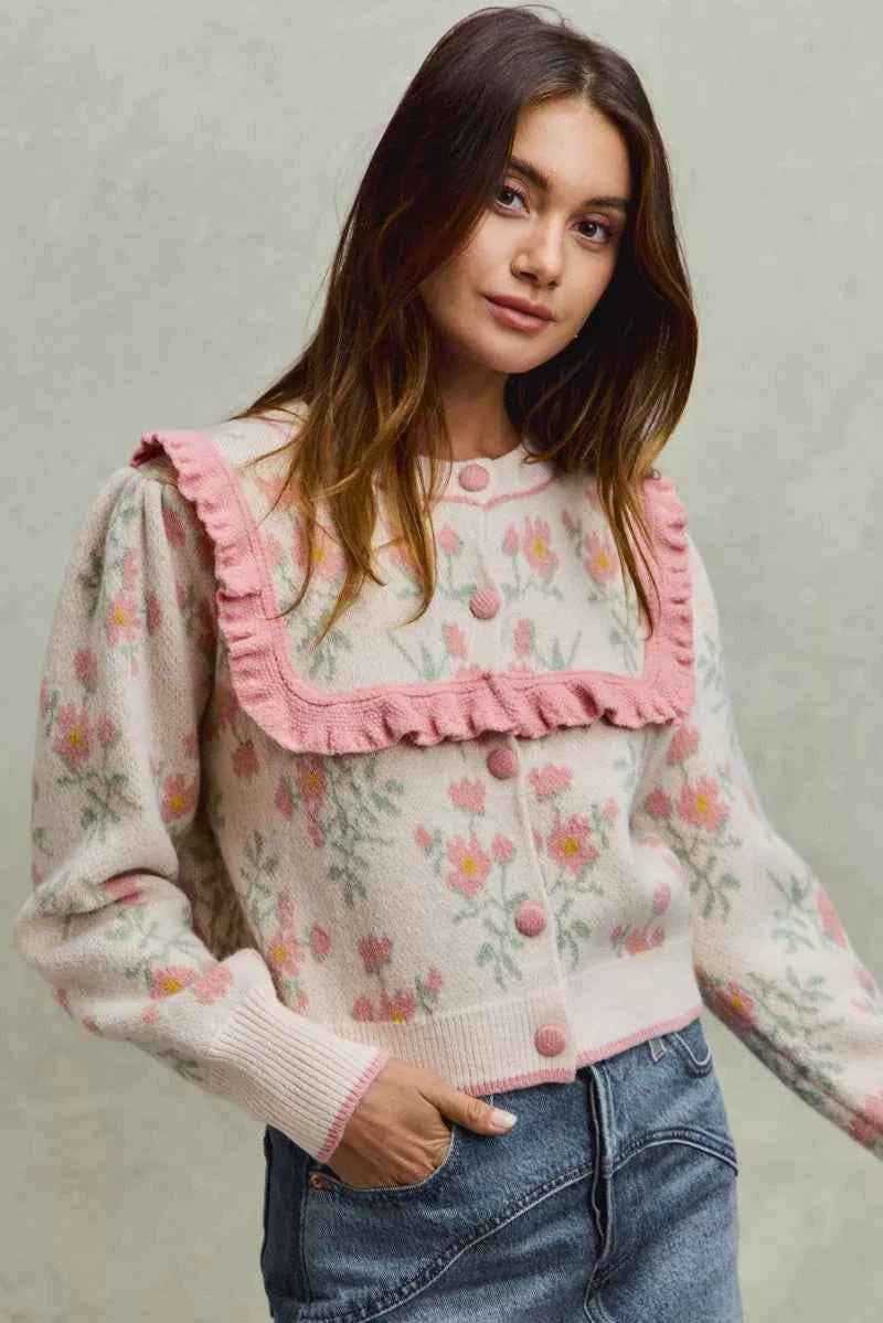 SO ME Flower With Ruffle Detailing Sweater Cardigan edc6e35a8b054adfb19ba8d34a92850f-Max-Origin