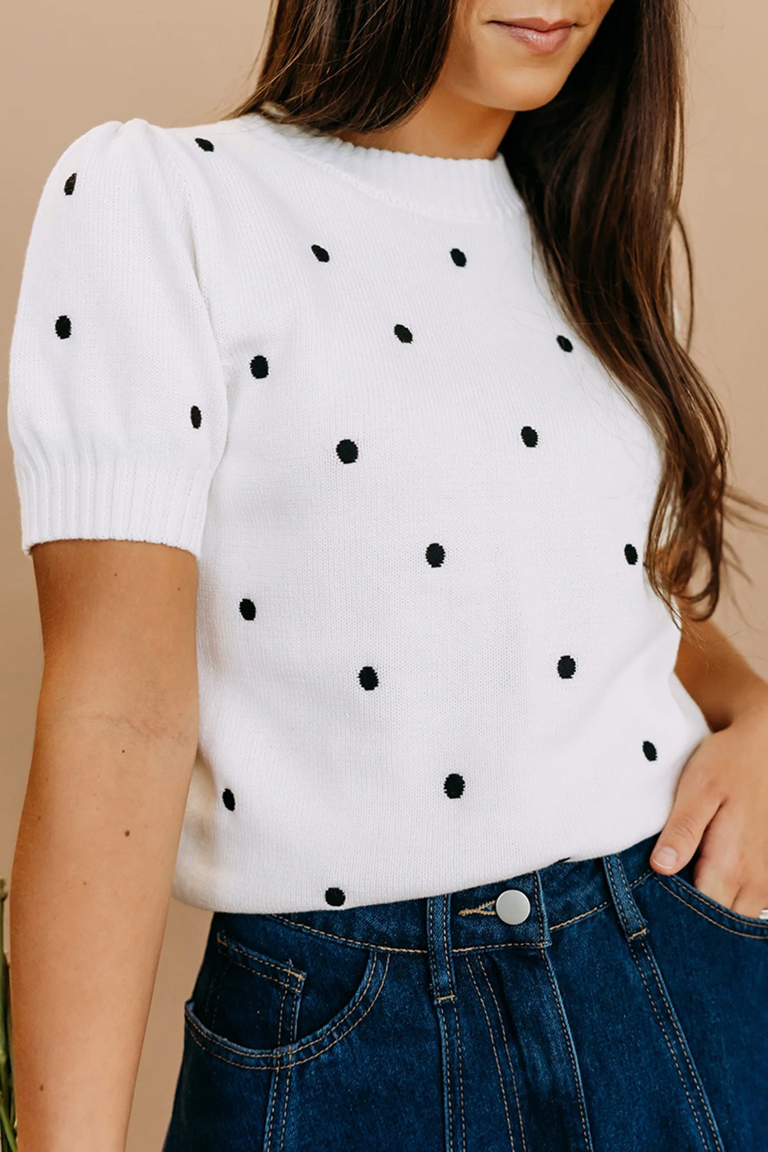 White Elegant Polka Dot Bubble Short Sleeve Sweater White 52%Viscose+26%Polyester+22%Polyamide edc90b1b3de9f246