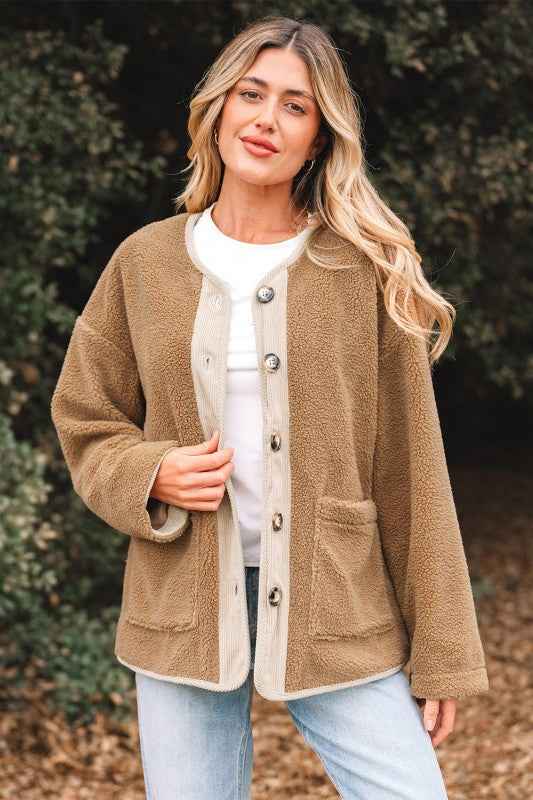 Fleece Corduroy Patchwork Button Up Jacket Light French Beige edcbe3dc-cfa0-4a6c-b631-6f29a23b3f72