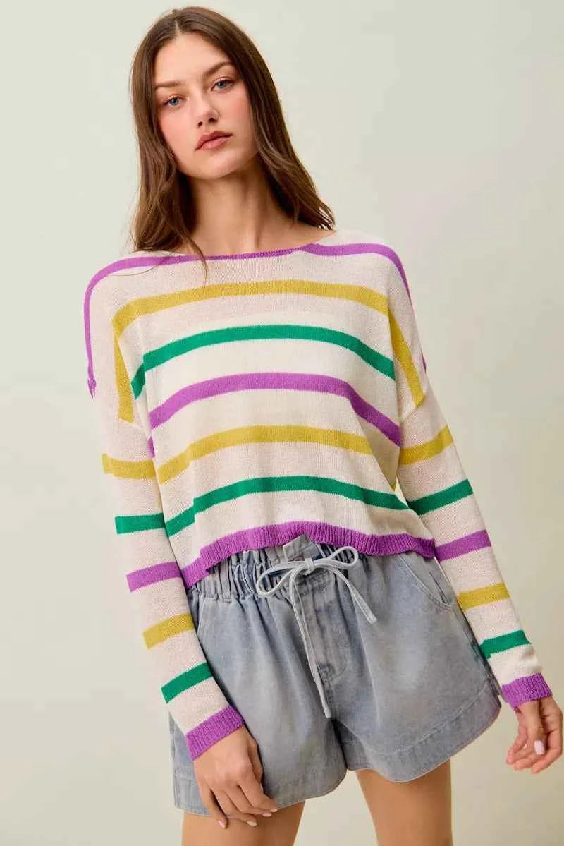 SO ME Mardi Gras Color Stripe Lightweight Sweater Top IVORY COMBO edccdc6ea68240c4b366ff128c8b8374-Max-Origin