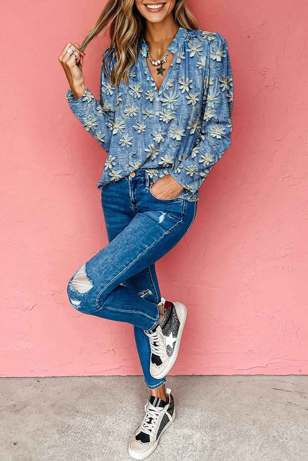 Sky Blue Fall Floral Half Placket Collared V Neck Blouse edd34a4de383f2ac