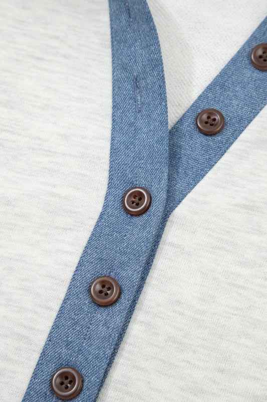 Denim Patchwork Polo Collar Long Sleeve Top edd6d6ee-01b9-41be-b783-ee067f69c3ec