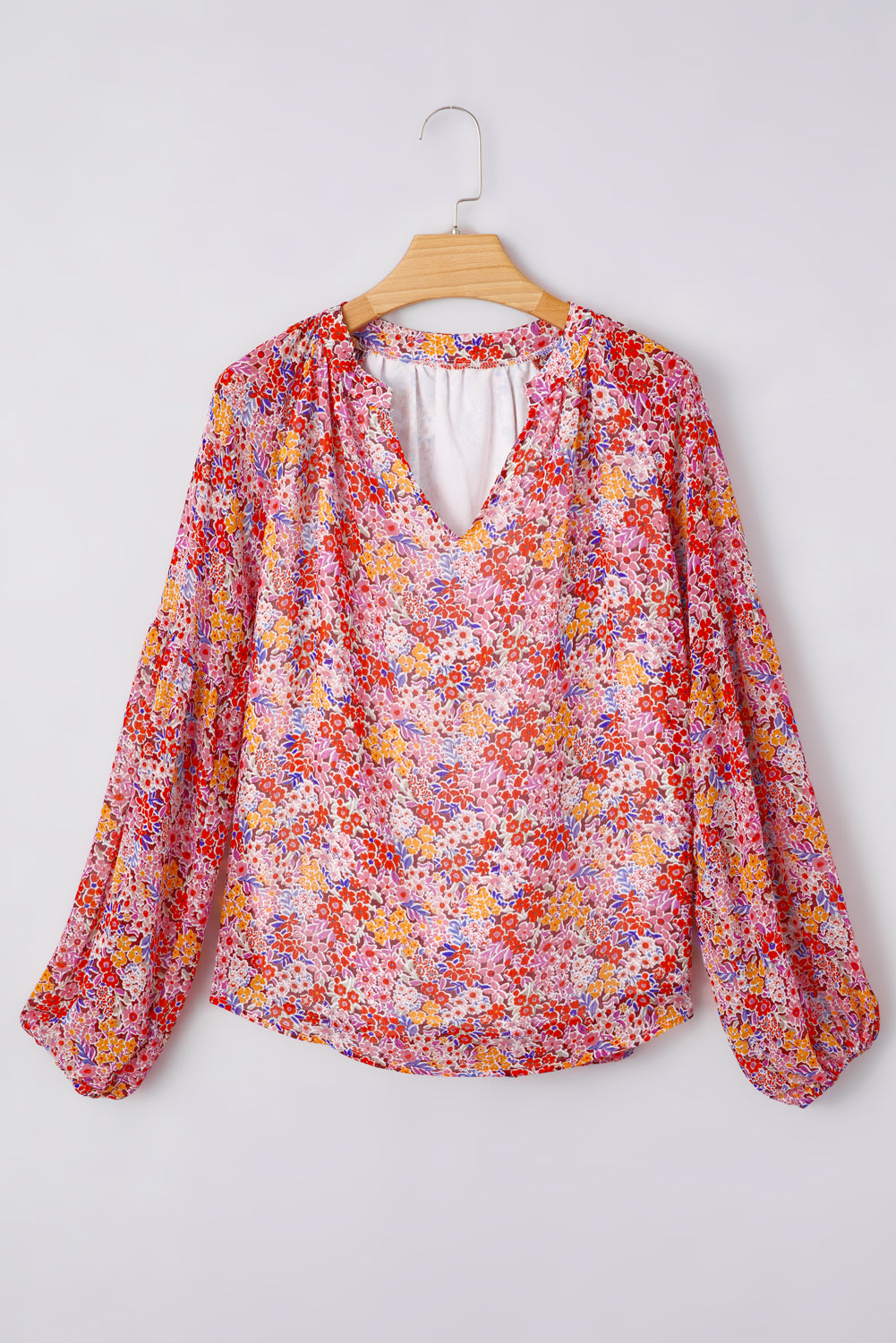 Red Boho Floral Print V Neck Long Sleeve Blouse edd735c6d0375dc3