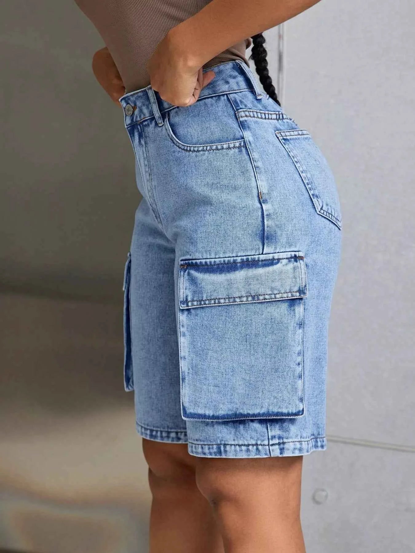 High-Waisted Cargo Denim Shorts