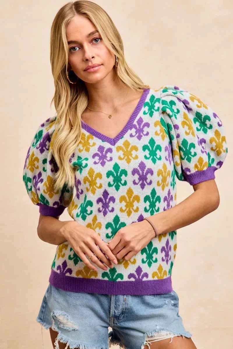 BiBi Mardi Gras Fleur De Lis Patterned V Neck Knit Top eddae26896ce4ae986a02e5026a052b8-Max-Origin