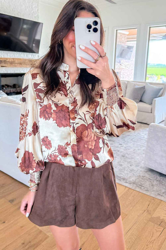 Brown Floral Print Button Down Poet Sleeve Shirt eddb39f1f890e852