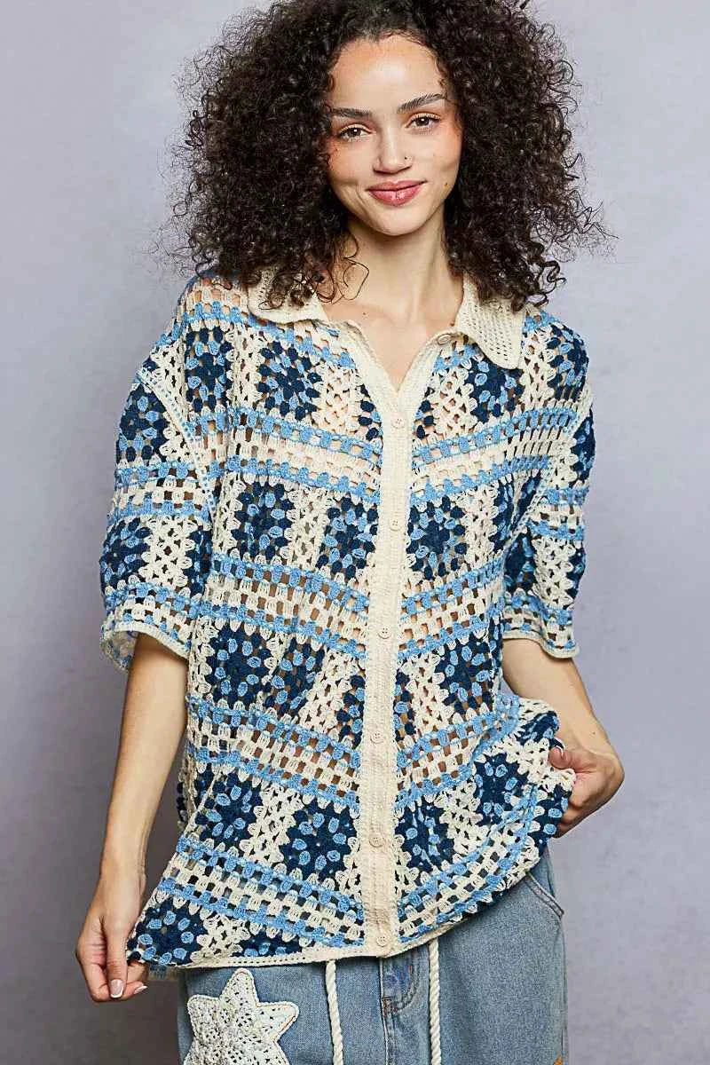POL Openwork Short Sleeve Crochet Shirt with Border Accents eddf0172-2116-4d28-82c1-0f8d475a47cf-Max-Origin