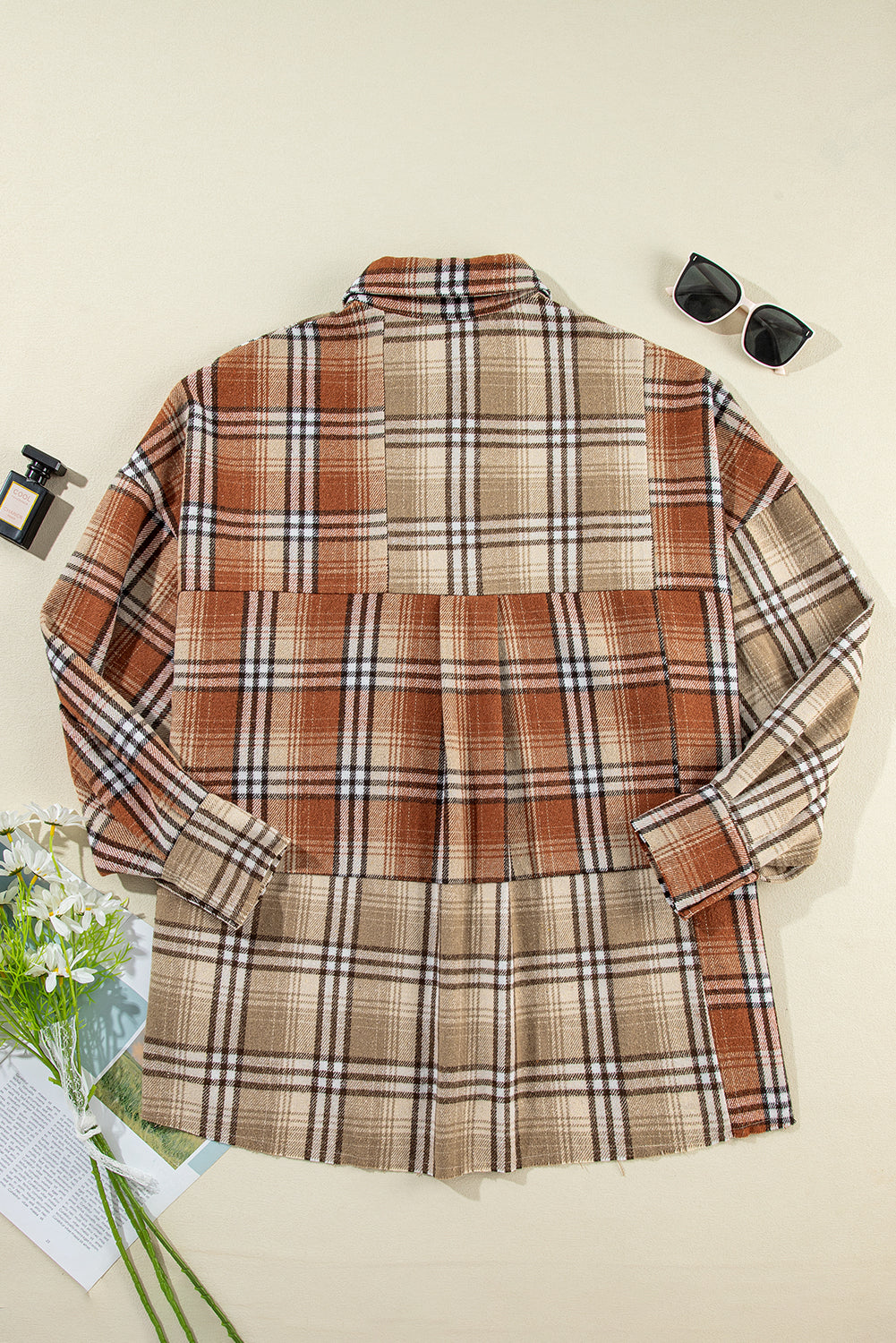 Khaki Plaid Pocket Colorblock High Low Shacket eddf04f72b99653e