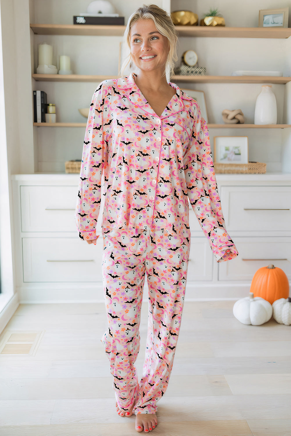 Pink Cute Floral Halloween Ghost Print Long Pajama Set eddfb2d12bbb1830