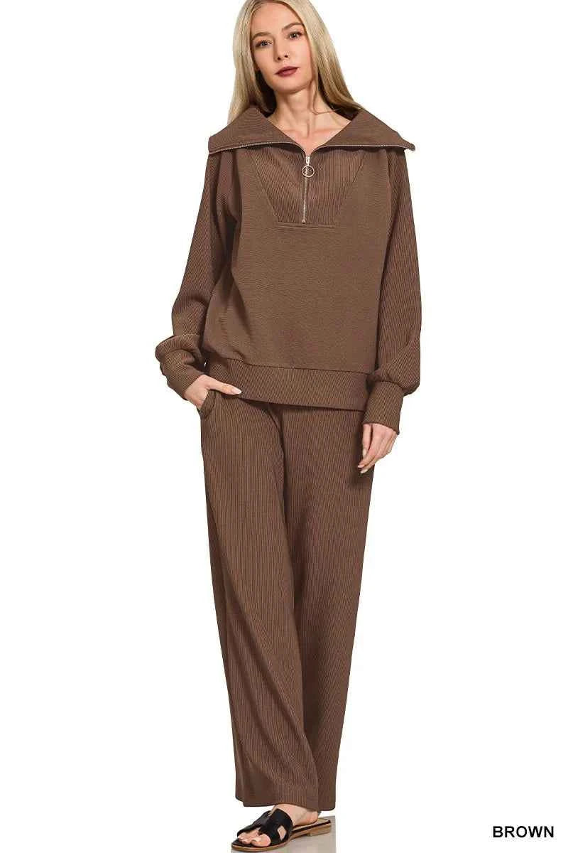 Zenana Ribbed High Neck Half Zip Pullover & Pants Set