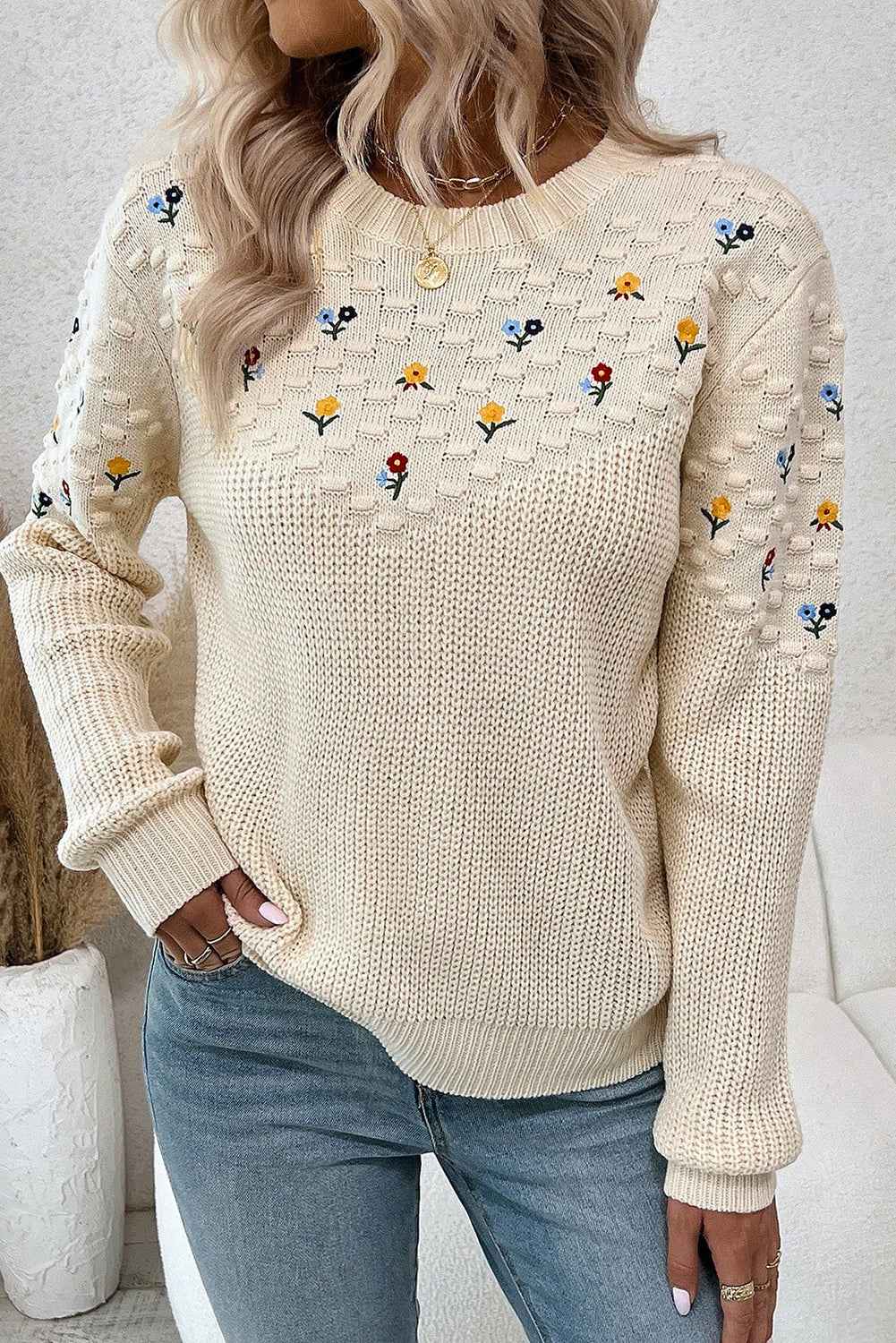 Jet Stream Mixed Texture Knit Flower Embroidered Detail Casual Sweater ede5a8bcbf8d2410