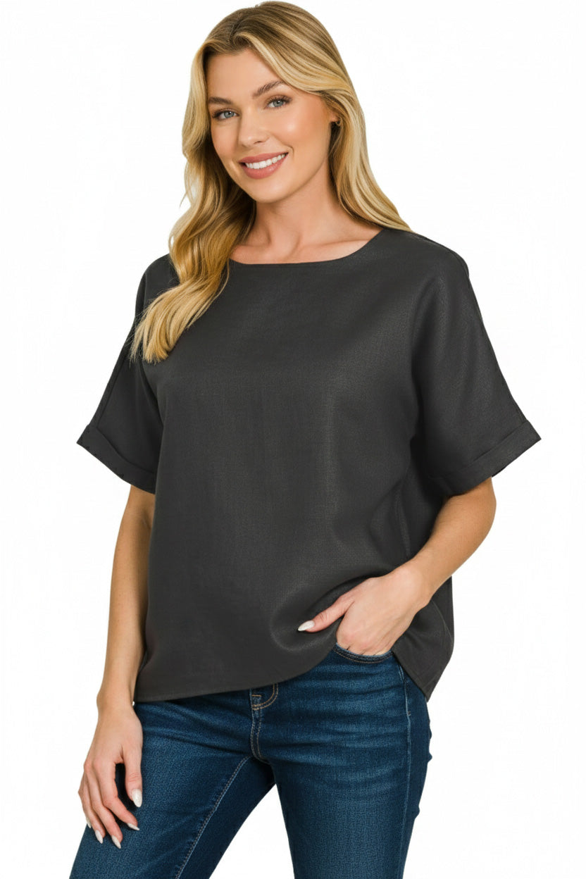 Zenana Linen Round Neck Cuffed Sleeve Top ede8d04c-04e6-4d57-9f5b-2edafcbf0824-Max