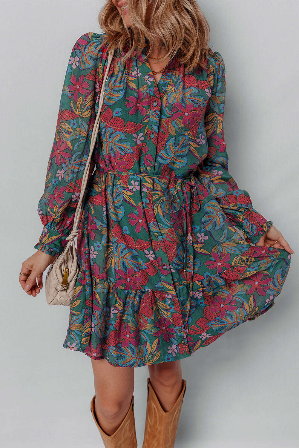 Green Floral Frill V Neck Puff Sleeve Ruffle Mini Dress Green 80%Viscose+20%Polyamide edf59bfbc731d729