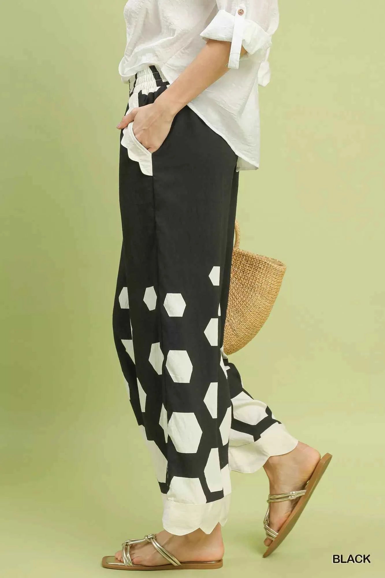 Umgee Hexagon Print Wide Leg Pants with Scalloped Hem edfdcd8f-553e-4210-bed8-2a3b6481fac6-Max-Origin