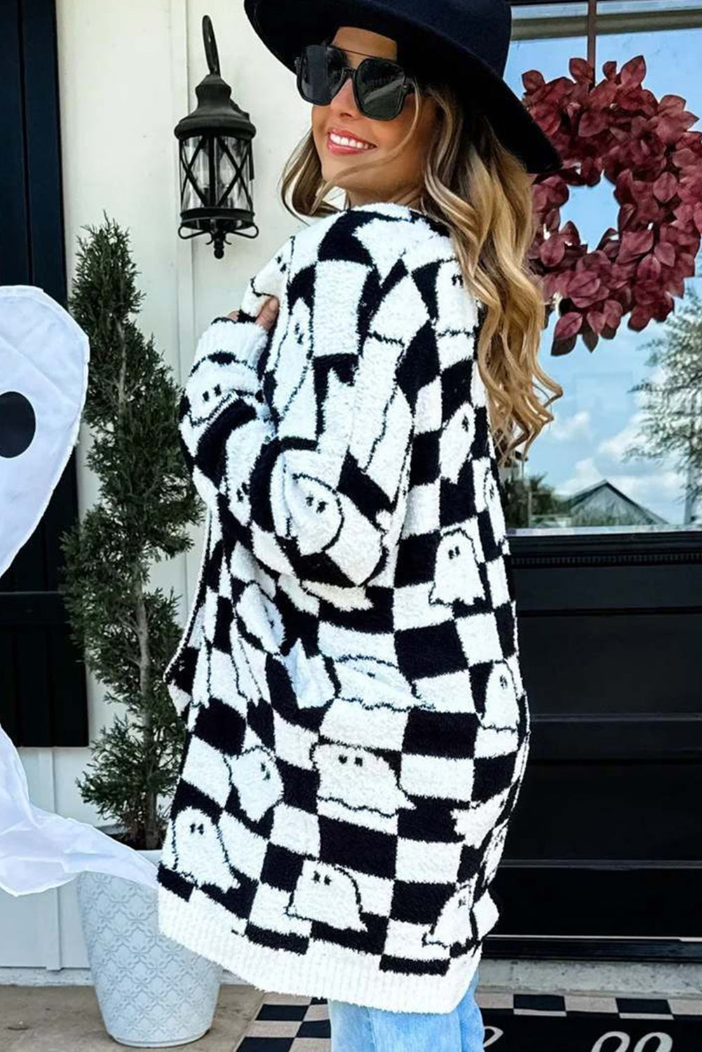 Black Halloween Ghost Pattern Mid length Knitted Cardigan edff6b05f7574fd1