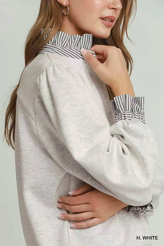 Stripe Ruffle Neck Long Sleeve Buttoned Top - LuxeKnit ee03ba13-23d1-4c02-82b3-791782df2d42-Max-Origin