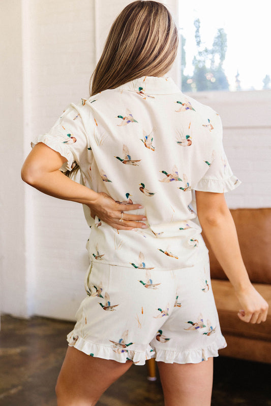 Beige Mallard Print Shirt Style Short Two Piece Set ee053270ae7d5523