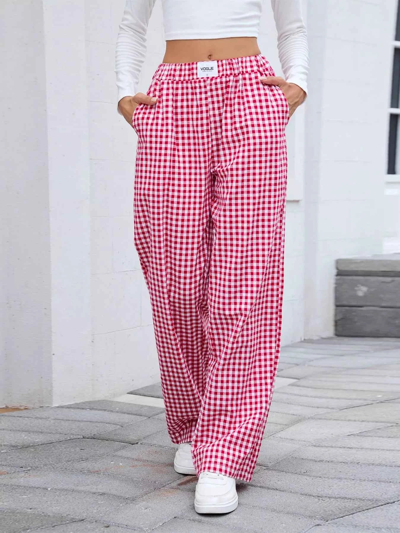 Plaid Wide Leg Casual Pants Red ee10a5ff158045a9bfd0fd7c7b00eeca-Max-Origin