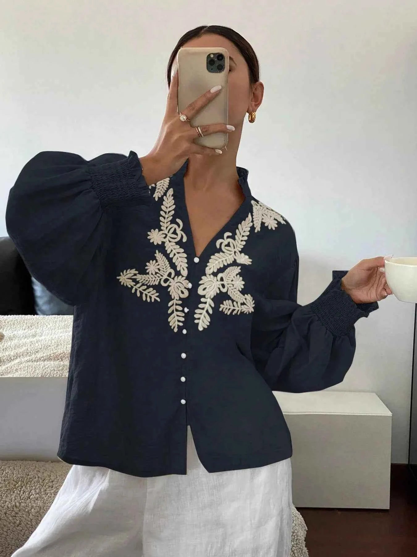 Embroidered Lantern Sleeve Blouse ee16bfa69acf47f3a666158fe2b4073f-Max-Origin