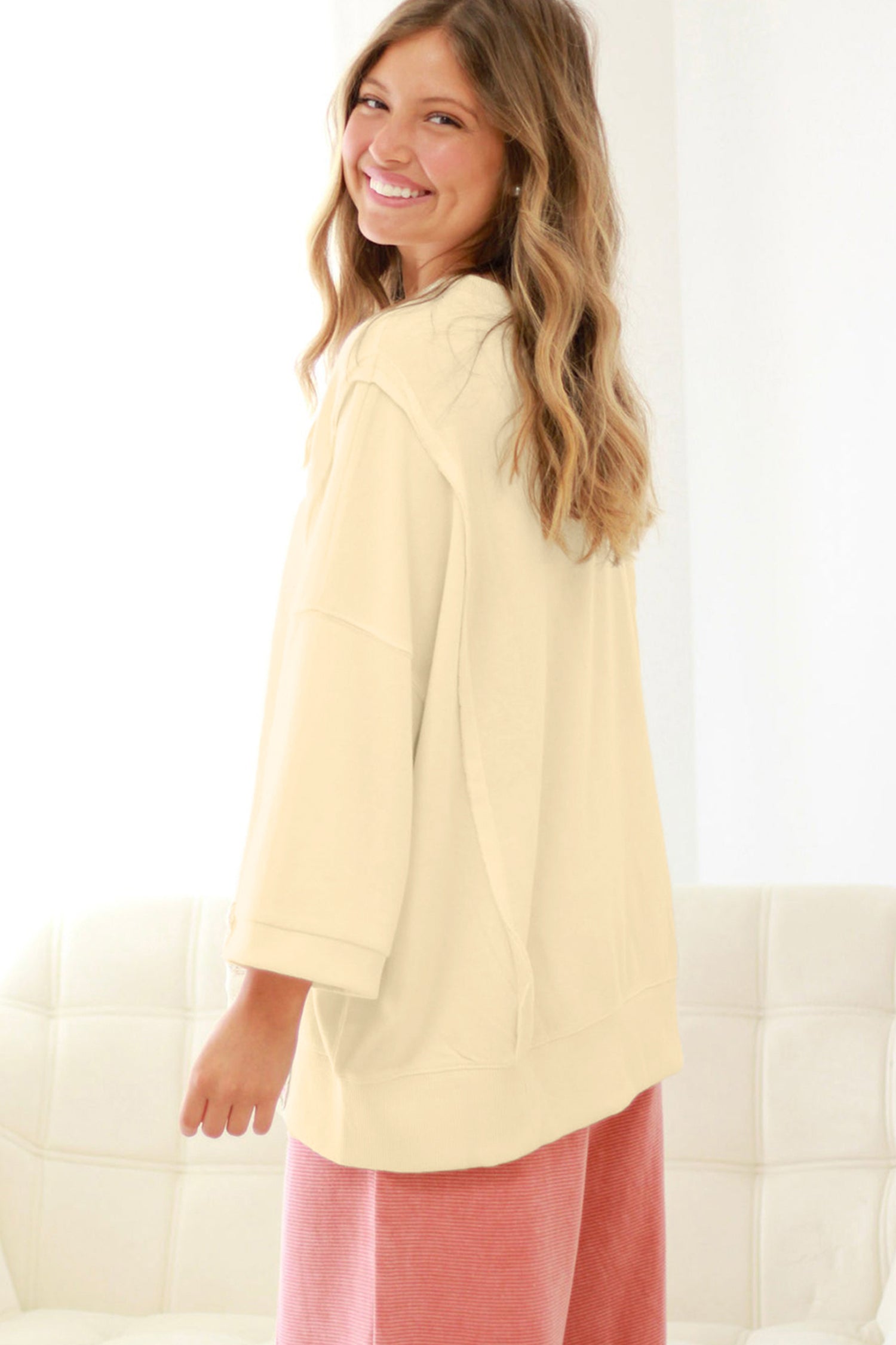 Beige Plus Size Raw Seam Detail Floral Bow Patched Baggy Pullover ee17893ef7343976