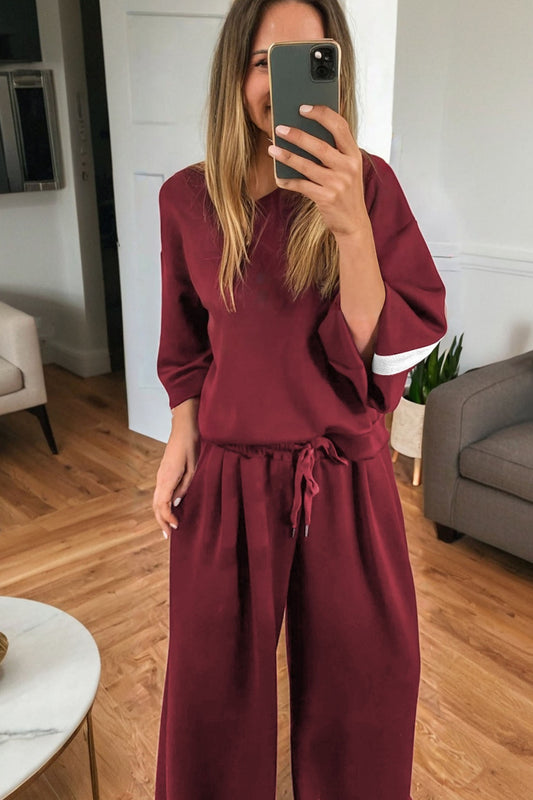 Burgundy Varsity Striped 3/4 Sleeve Pullover Drawstring Sweatpants Set ee227ad18a57a4e0