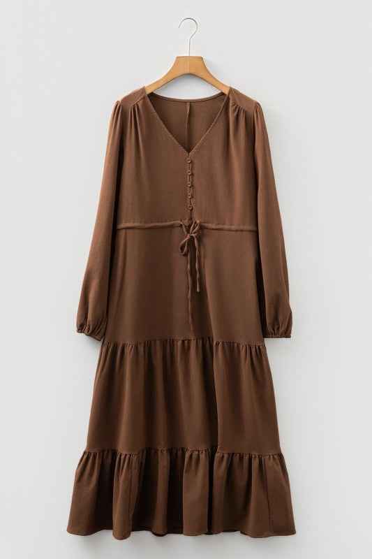 Solid Buttoned V-Neck Long Sleeve Tiered Maxi Dres ee247c86-e3e9-41b4-a12b-2fafd918016a