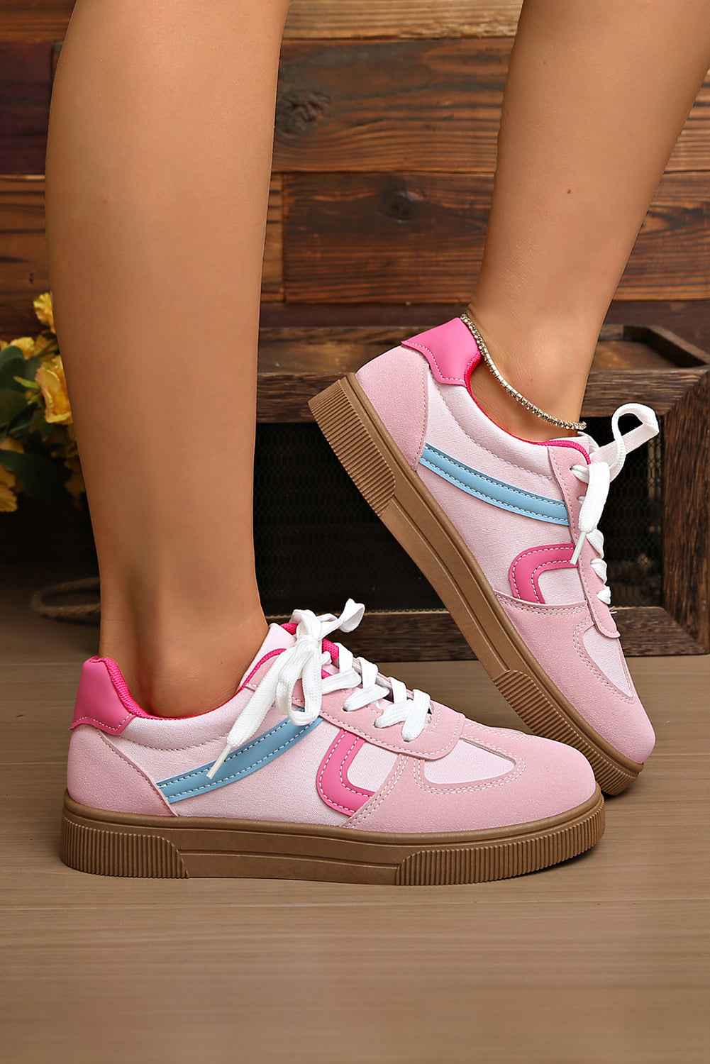 Rose Red Color Block Lace Up Sneakers ee2860b399ebe022