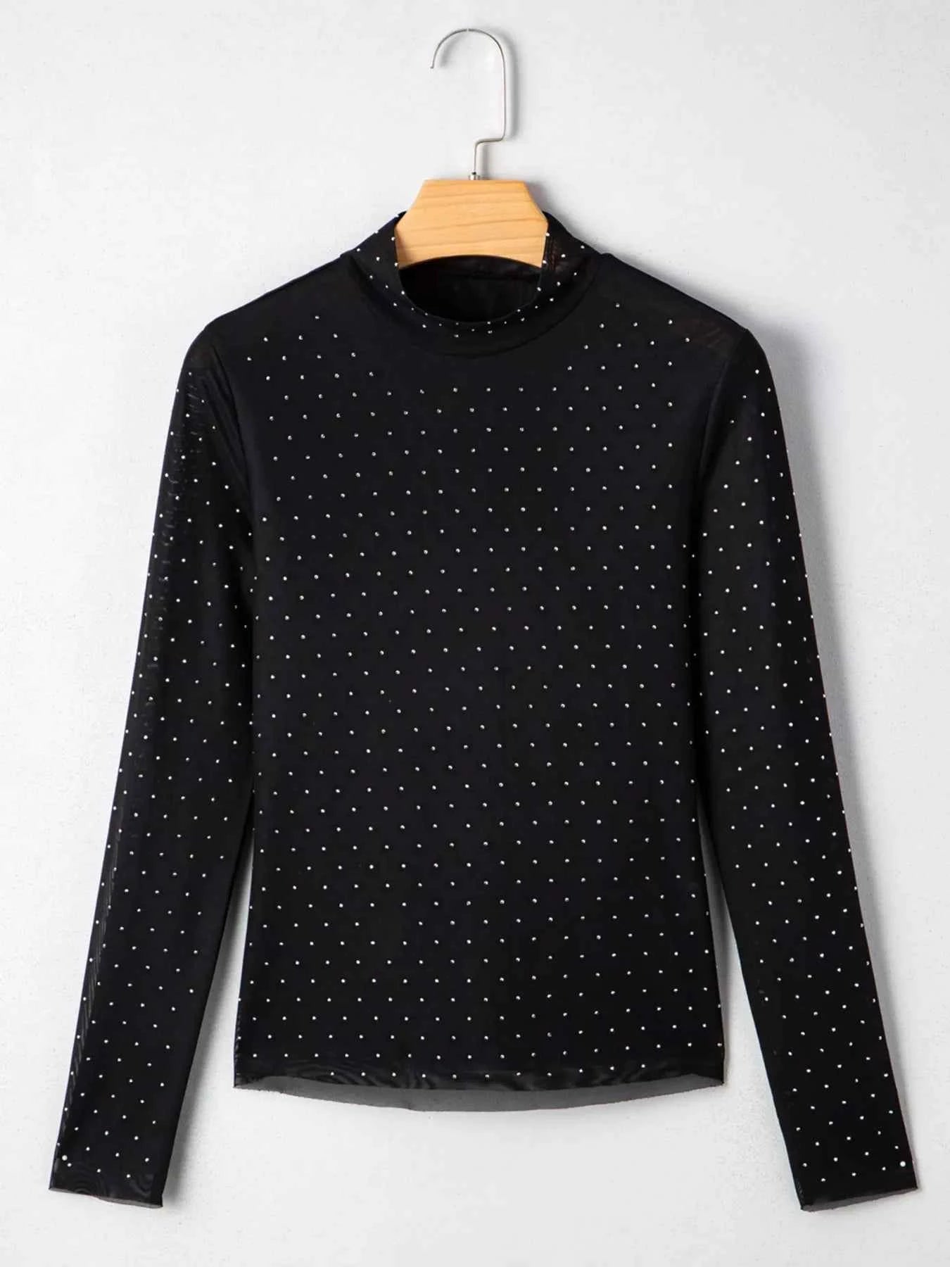 Rhinestone Embellished Mesh Long Sleeve Top ee2f72ba5a544f728bbfe8525794e020-Max-Origin