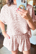 Khaki Abstract Print Cuffed Short Sleeve Loose Top Short Set ee30c119fcdf131c