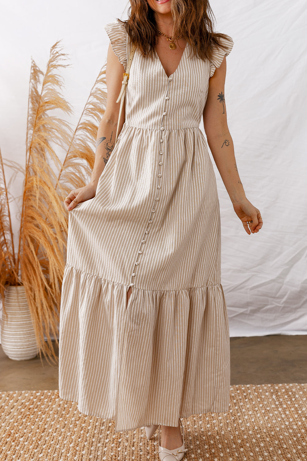 Khaki Stripe Flutter Sleeve Buttoned Front Slit Maxi Dress ee35f405331dd945