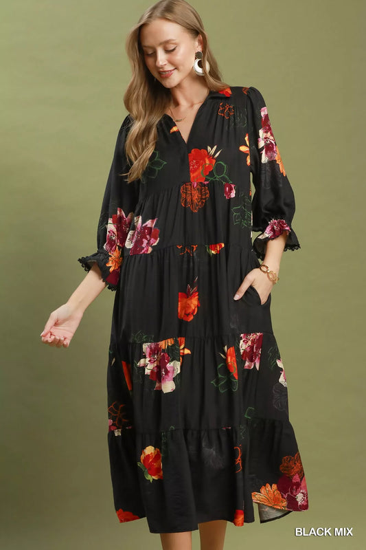 Floral Print Tiered Midi Dress with Puff Sleeves ee3bff1f-afc1-400e-8790-b18b0518d117-Max-Origin