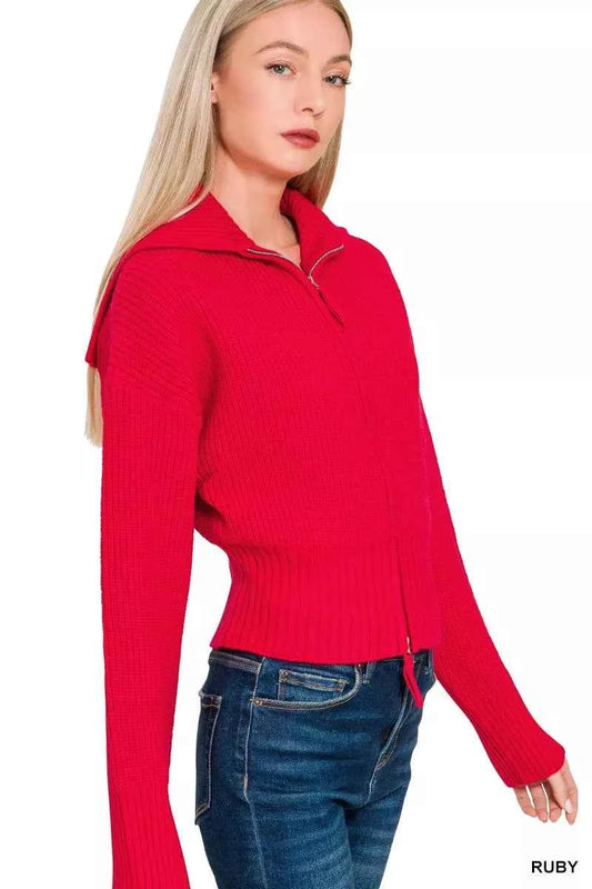 Ribbed Collared Zip Up Sweater Cardigan ee3c3a4adb54407c9e333c5f6970f3ce-Max-Origin