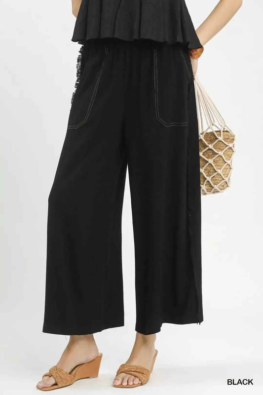 Linen Frayed Side Pocket Wide Leg Pants BLACK ee4305d8-fe07-46a2-a11a-22de991ef5d3-Max-Origin