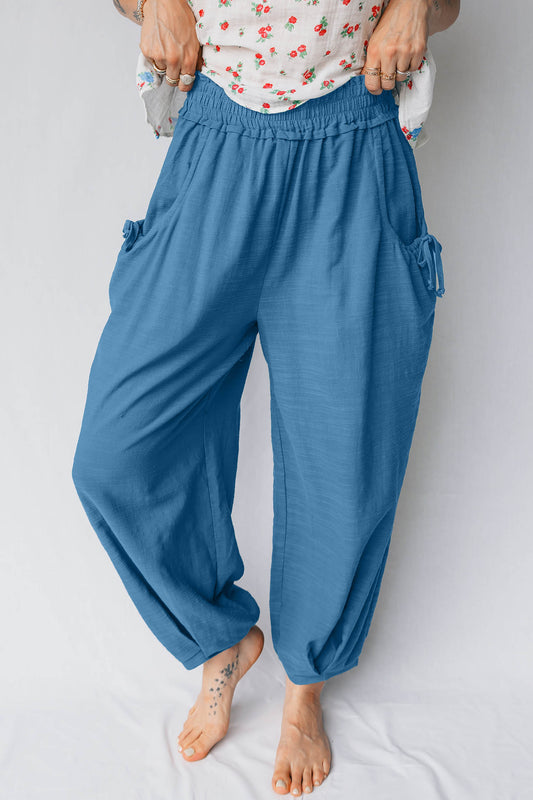 Prussian Blue Smocked Waist Casual Jogger Style Pants Prussian Blue 55%Cotton+45%Viscose ee4837026a904c2f