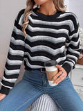 Striped Round Neck Long Sleeve Sweater Black ee485c49381646139a4b9263d3d2e536-Max-Origin