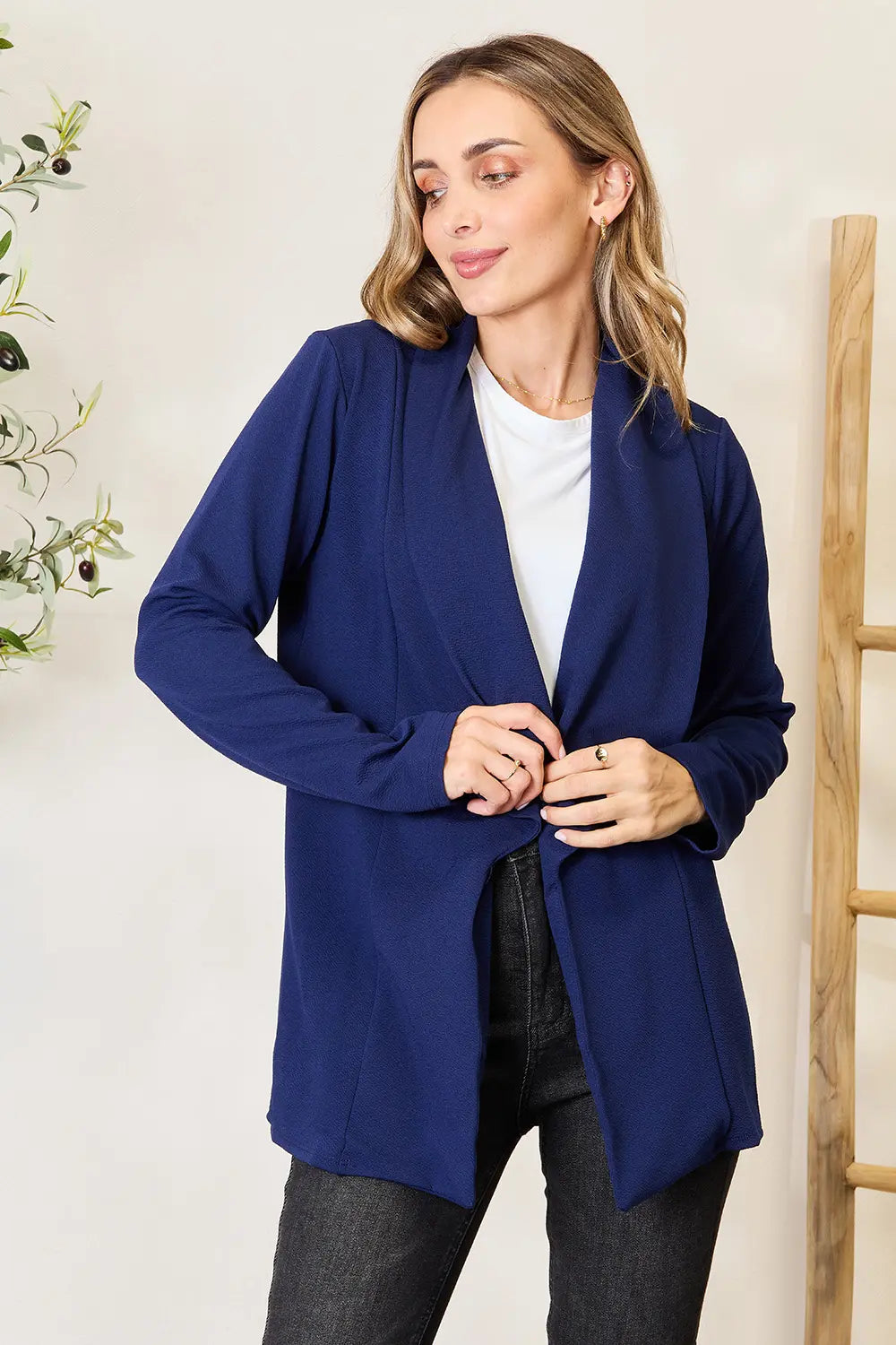 Heimish Full Size Statement Neck Open Front Blazer Dark Blue ee48c7a119b342738e783872616c1374-Max