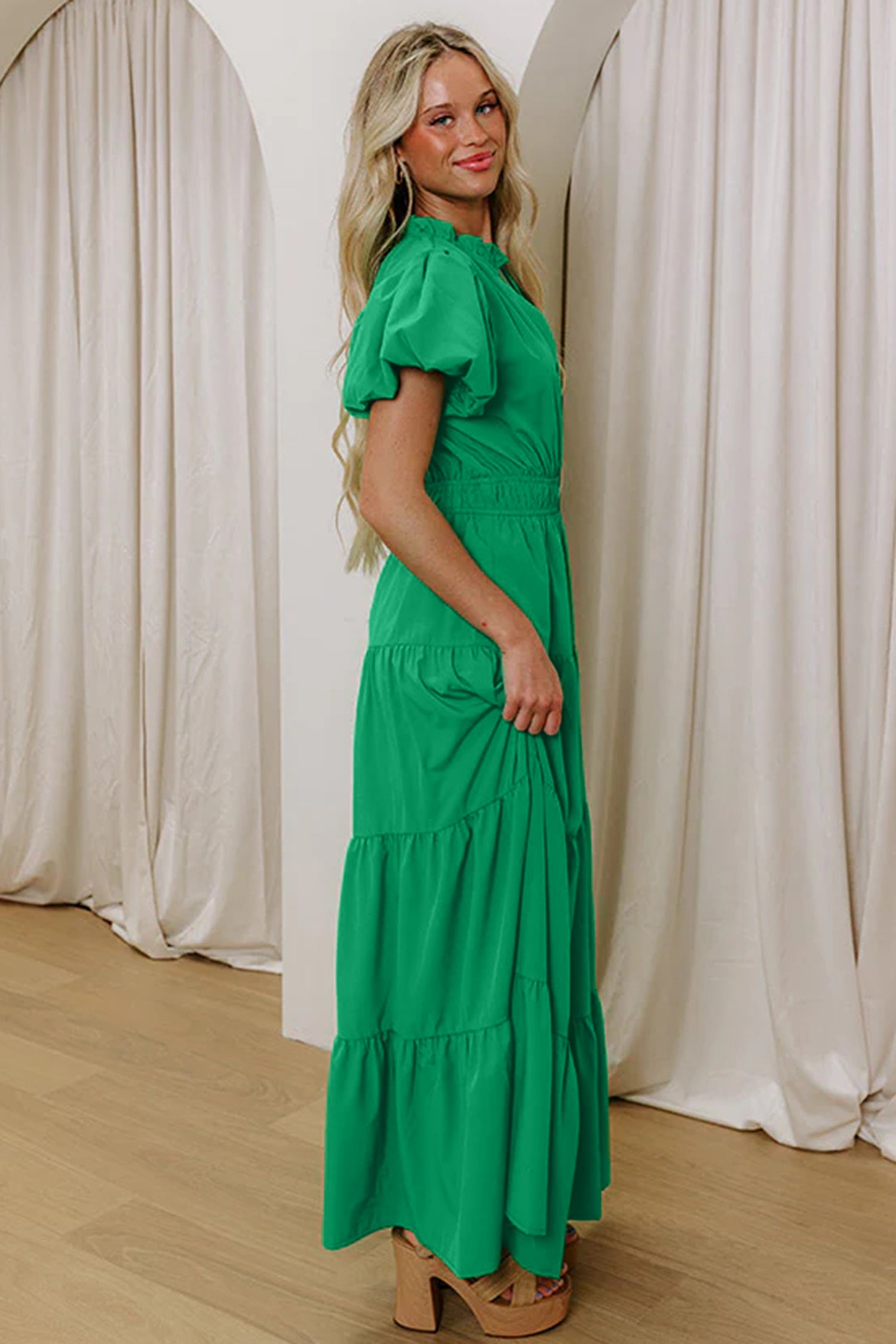Bright Green Solid Color V Neck Short Puff Sleeve High Waist Tiered Maxi Dress ee499ebe9718b428