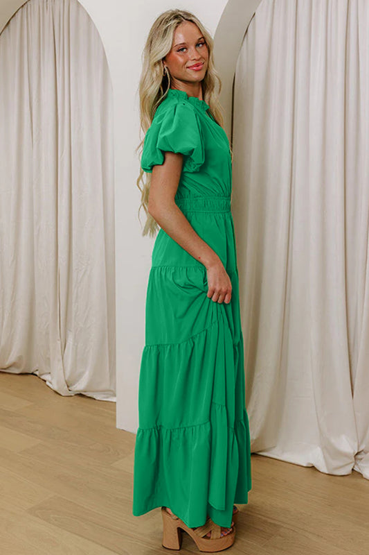 Bright Green Solid Color V Neck Short Puff Sleeve High Waist Tiered Maxi Dress ee499ebe9718b428