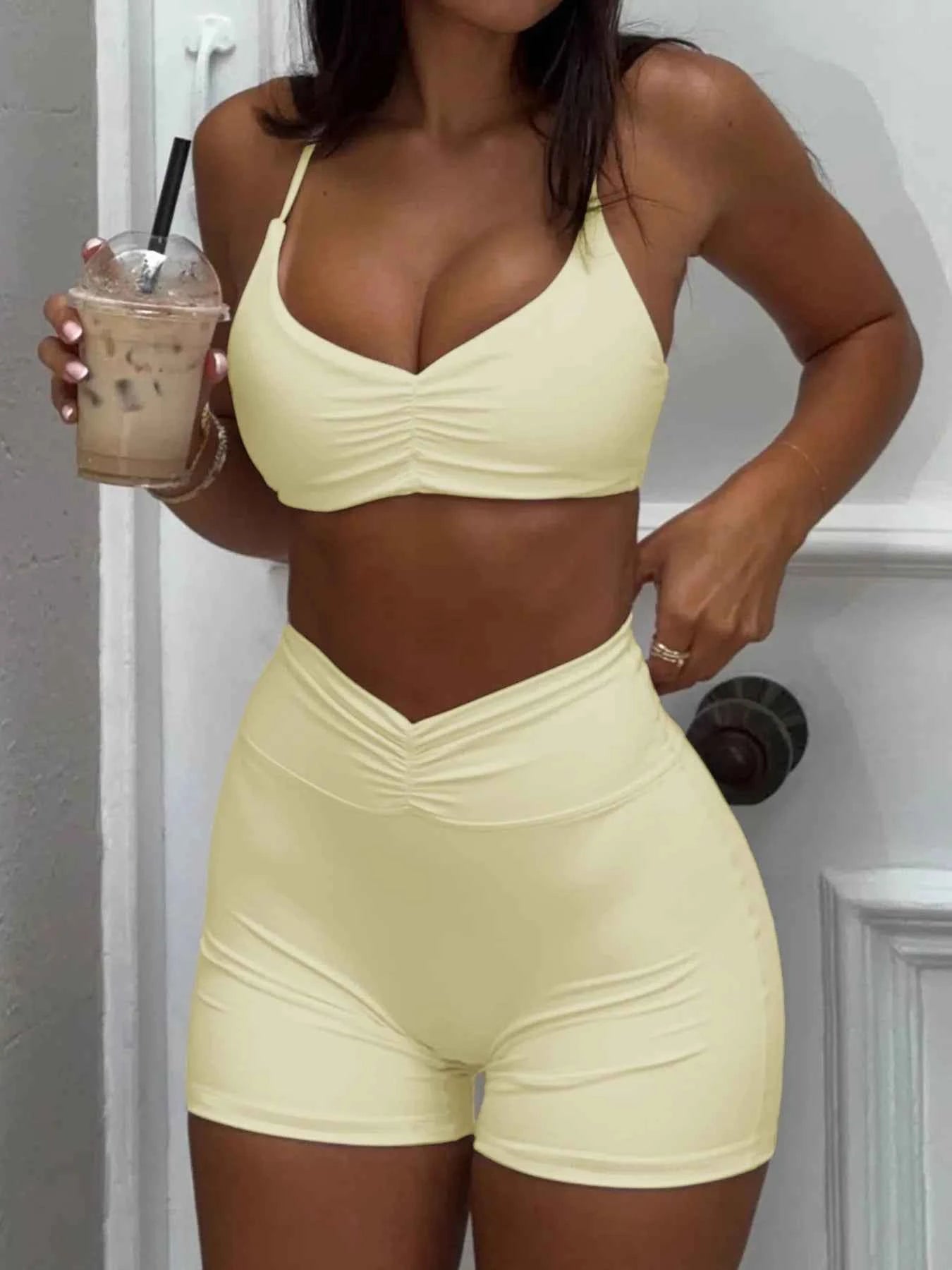 Ruched Sports Bra and High-Waisted Shorts Active Set Yellow ee4fac5e093840fb87281312328b0c3b-Max-Origin