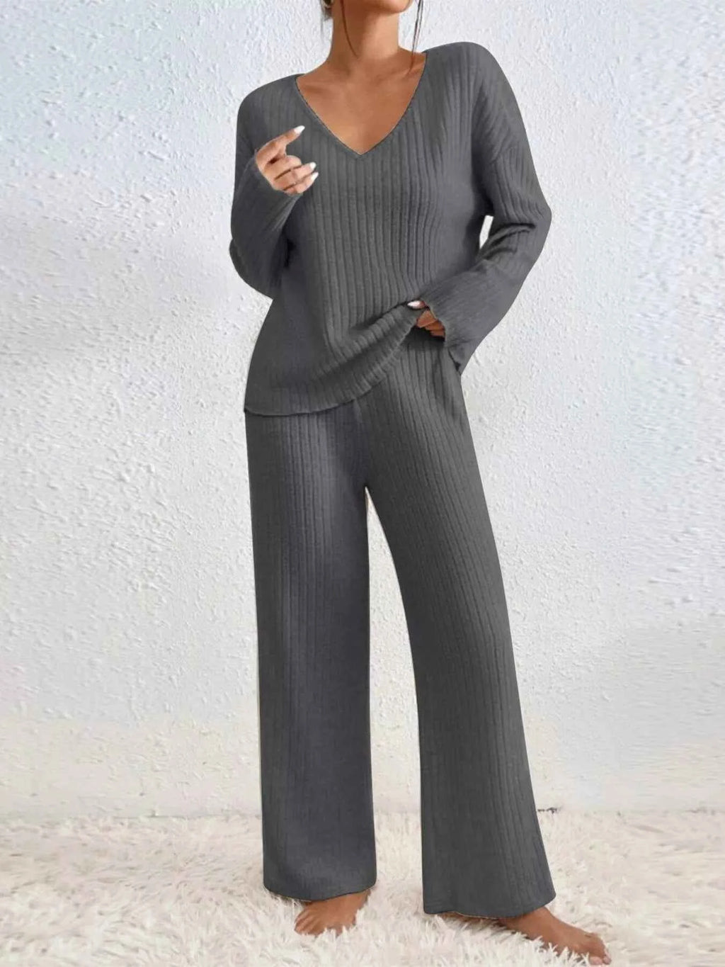 Ribbed V-Neck Top and Pants Set ee50e380-cebb-41ae-924c-b0479e61fa41-Max-Origin