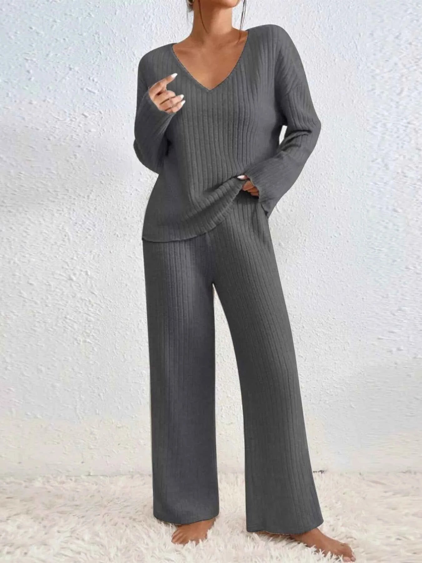 Ribbed V-Neck Top and Pants Set ee50e380-cebb-41ae-924c-b0479e61fa41-Max-Origin