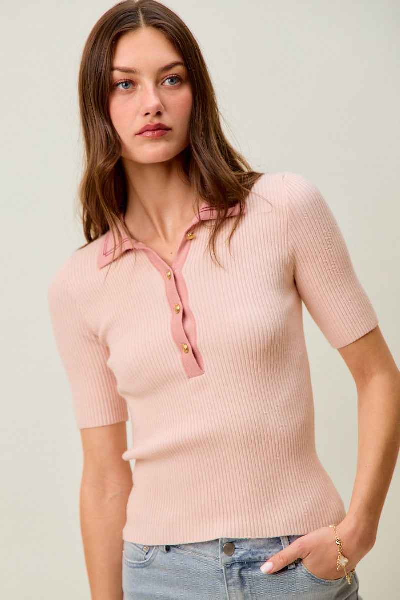SO ME Contrast Collar Stretchy Rib Knit Short Sleeve Top ee586f12b8404950952cbb0ffb08d6f6-Max