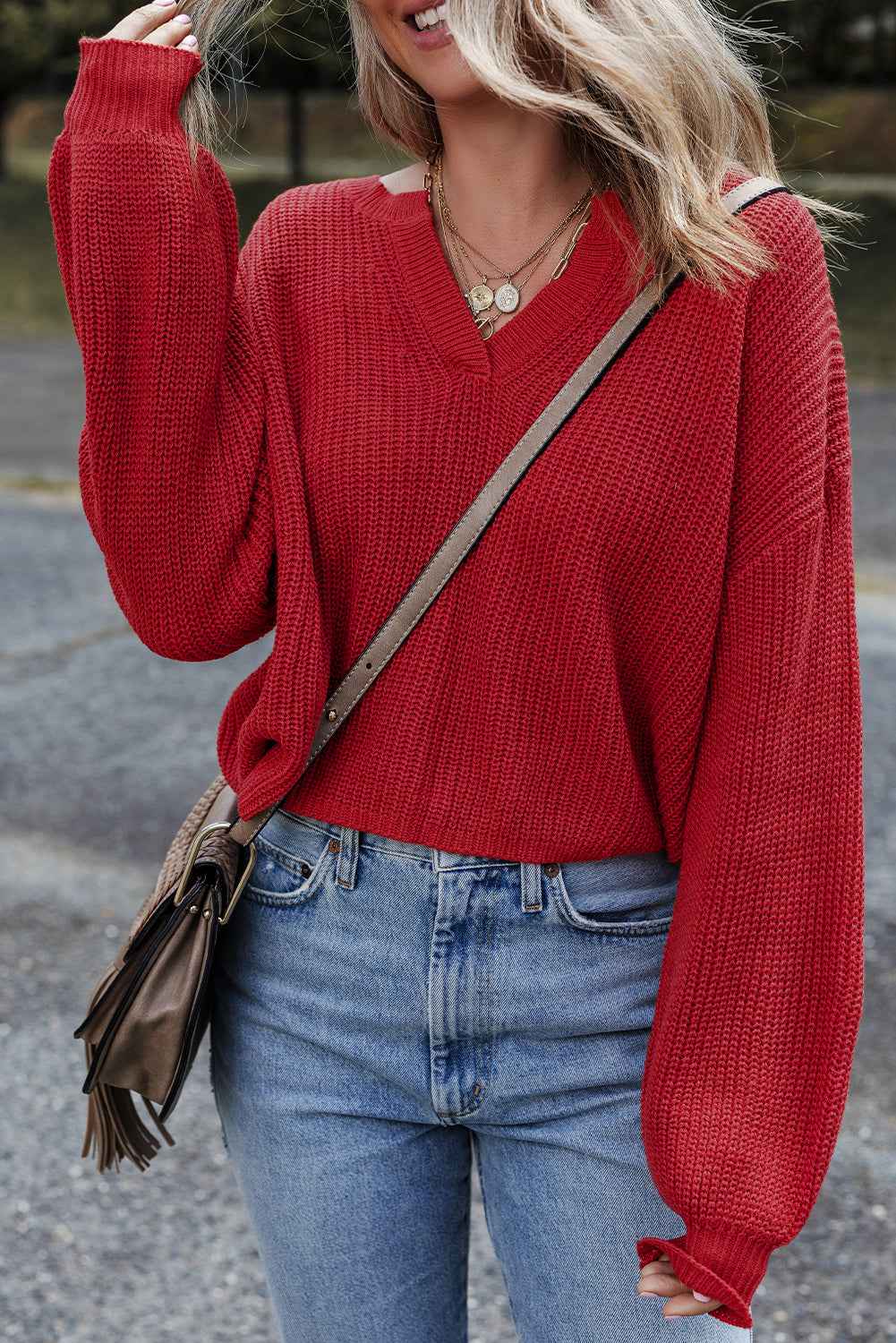 Racing Red Solid Textured Knit V Neck Drop Shoulder Sweater ee5ddcfacb3e3b21