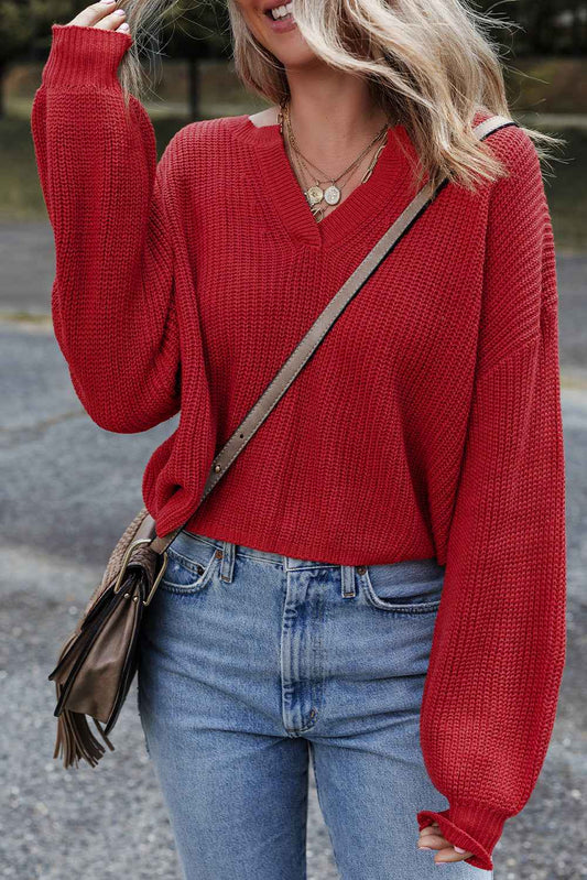 Racing Red Solid Textured Knit V Neck Drop Shoulder Sweater ee5ddcfacb3e3b21