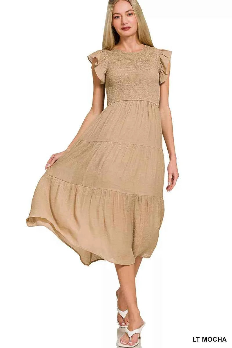 Zenana Woven Smocked Ruffle Sleeve Midi Dress LT MOCHA ee5f897e36054db581eee5a246a3a69b-Max-Origin