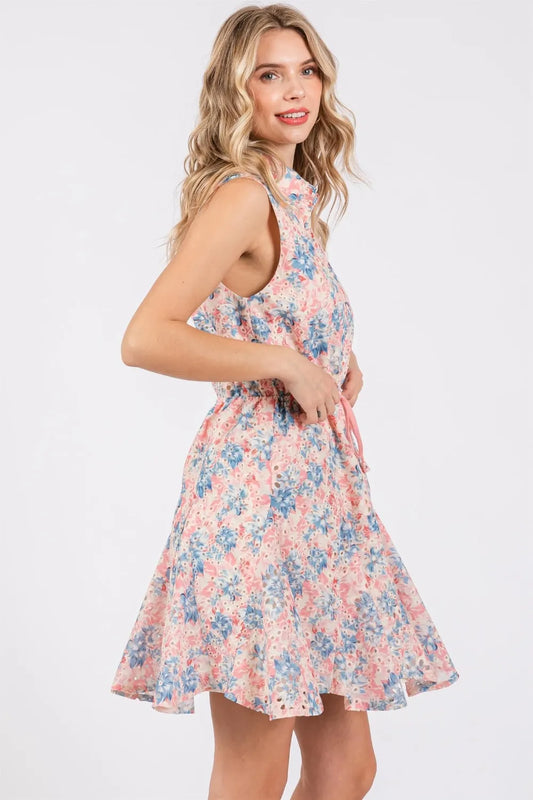 Full Size Floral Eyelet Sleeveless Mini Dress ee65660c-fb5c-421f-a193-a89f5aa4d69b-Max