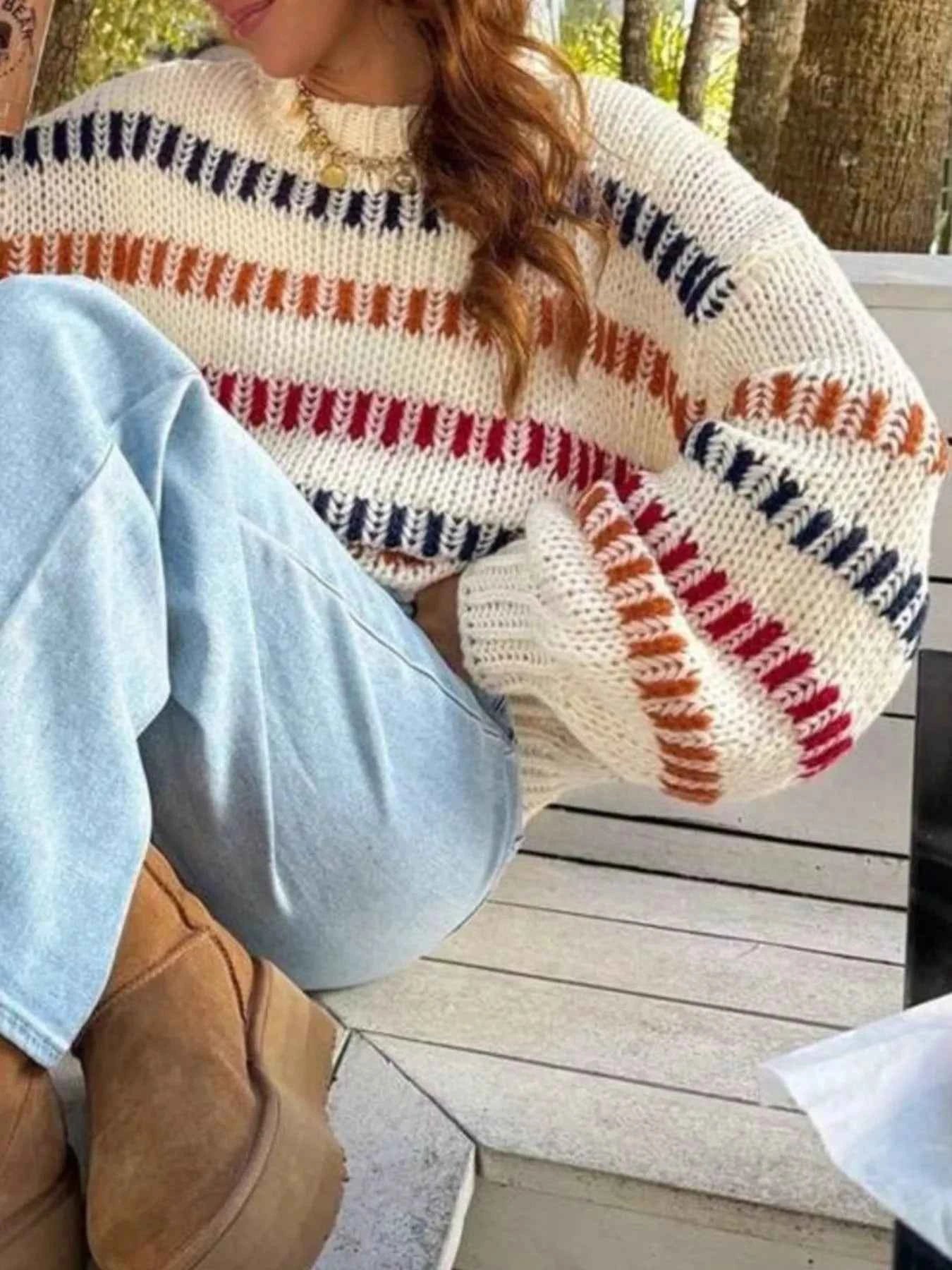 Striped Round Neck Long Sleeve Sweater ee69a4b0-be99-489e-94d0-5a1393c4389a-Max-Origin