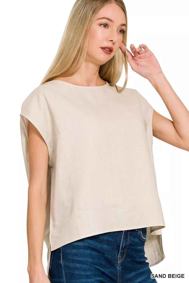 Zenana Linen Round Neck Cap Sleeve Top SAND BEIGE ee6b2dca748b4ae0b6516207605acd9f-Max-Origin