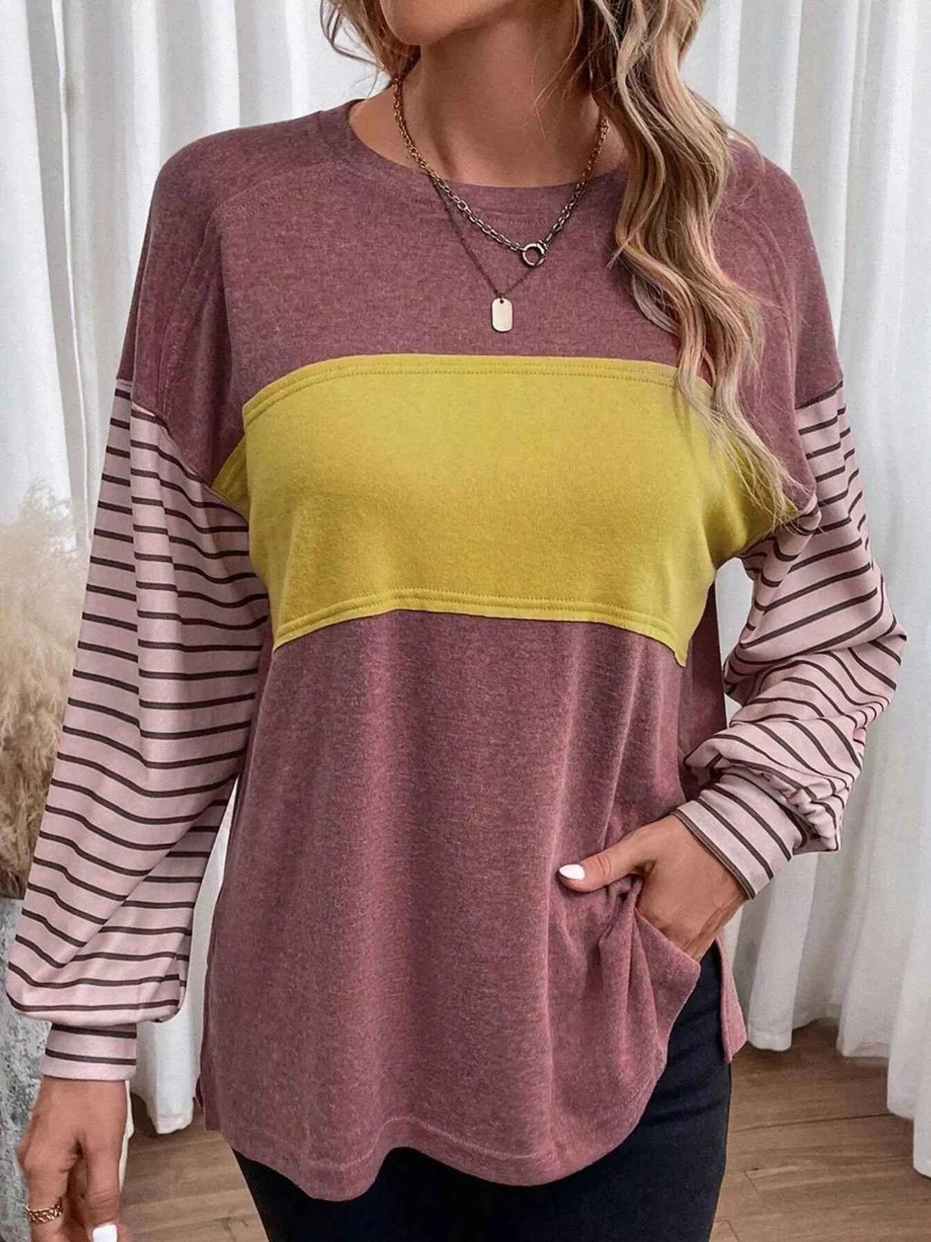 Striped Color Block Long Sleeve T-Shirt ee6fea74-9fe8-42b9-9174-0902895699f7-Max-Origin