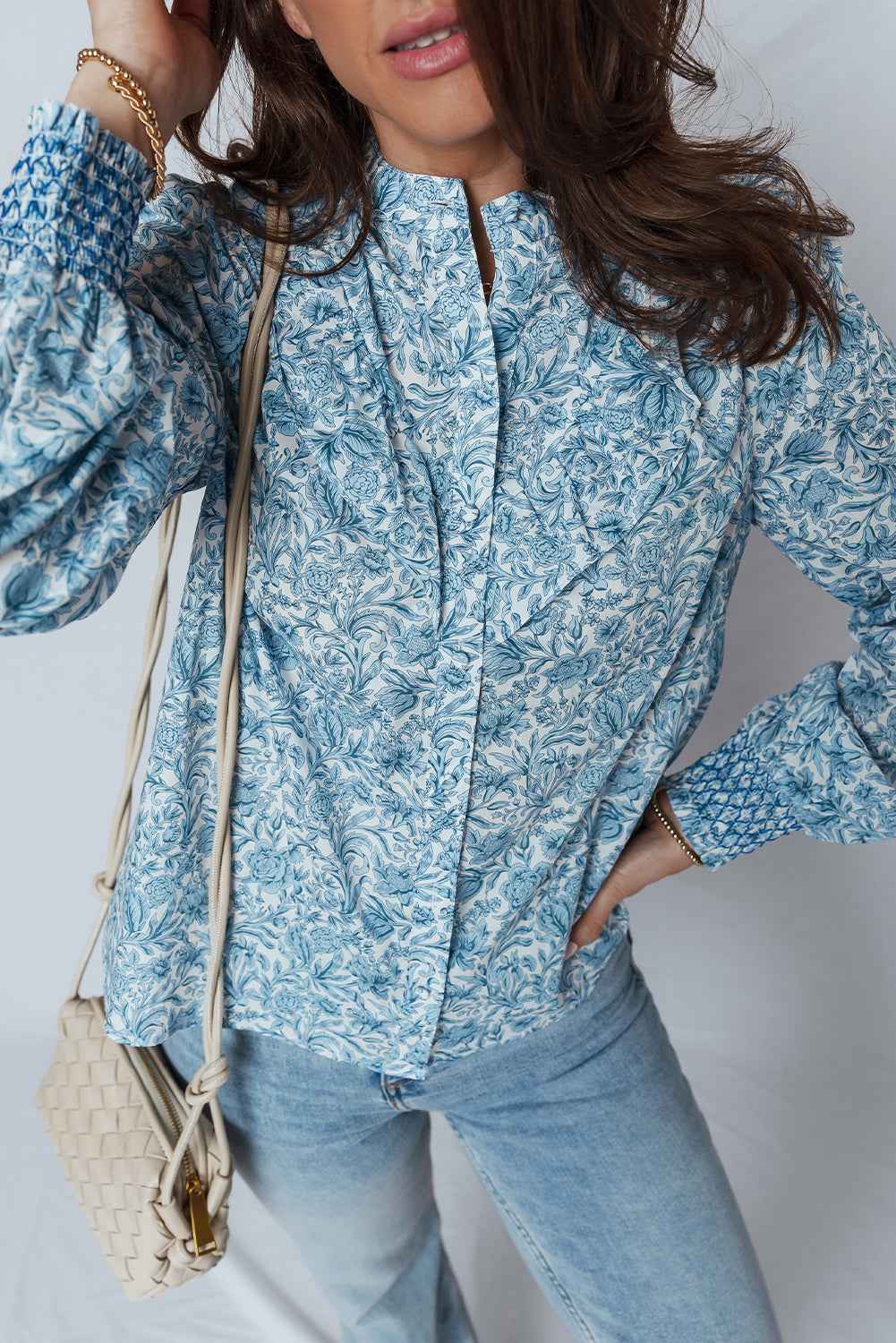 Sky Blue All Over Floral Puff Sleeve Shirt ee72043207ddb42f